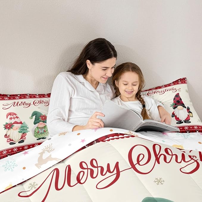 Merry Christmas Kids Comforter Set Twin Size,Deer Antler Santa Claus Bedding,Girls Boys Adults Bedroom/Xmas Cabin Decor,Snowflake Pine Trees Plaid Down Comforter,Rustic Duvet Insert,1 Pillowcase