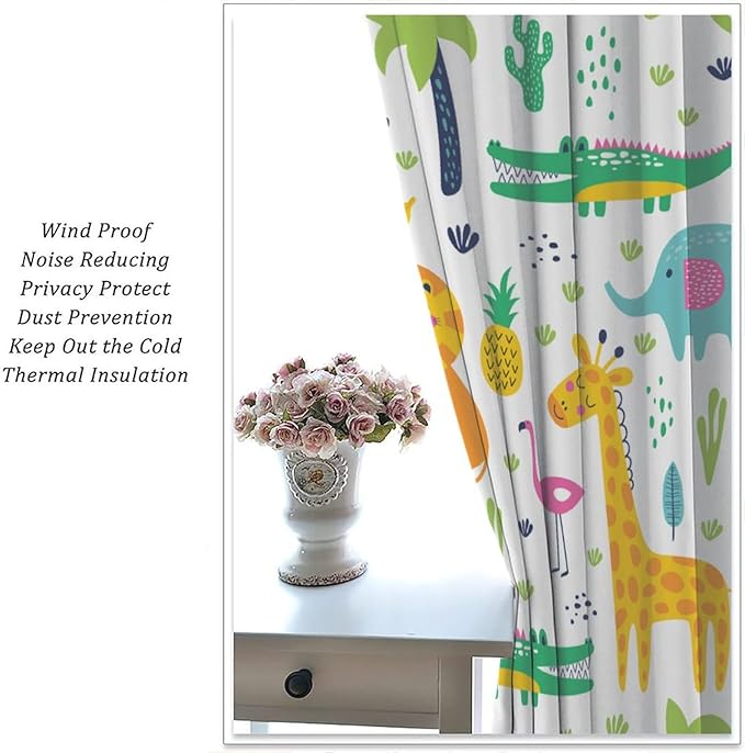 Kids Animals Blackout Curtains Cartoon Cute Abstract Fun Tropical Animals Art Printed for Children Girls Boys Bedroom Nursery Rod Pocket Decoration Window Drapes 2 Panels W31.5xL72in