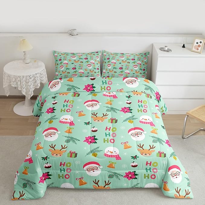 Feelyou Christmas Decor Bedding Set Soft for Boys Girls, Happy New Year Comforter Set Twin Size Santa Claus Duvet Quilt Microfiber Bedroom Decor 2 Pcs with 1 Pillow Cases