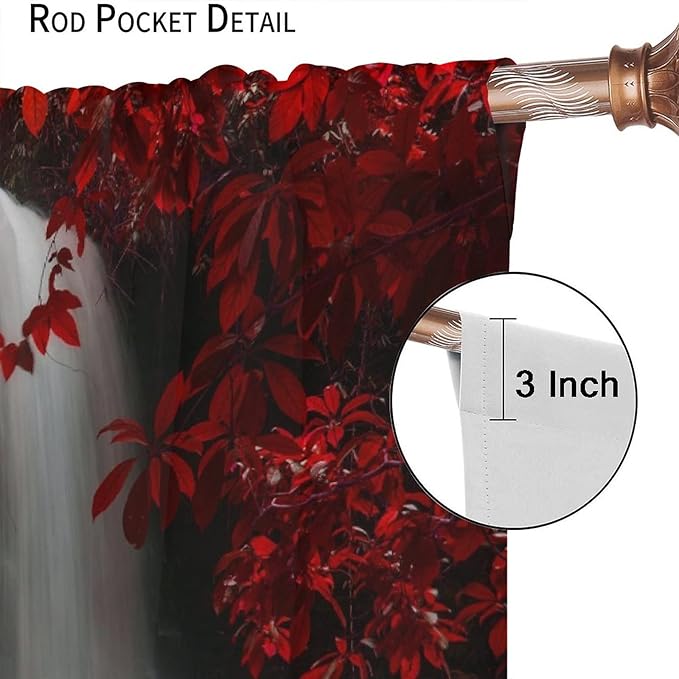 Red Forest Waterfall Blackout Windows Curtains, Waterfall Red Forest Black and Red Natural Landscape Print Window, for Living Room Bedroom 63x63in 2 Panels