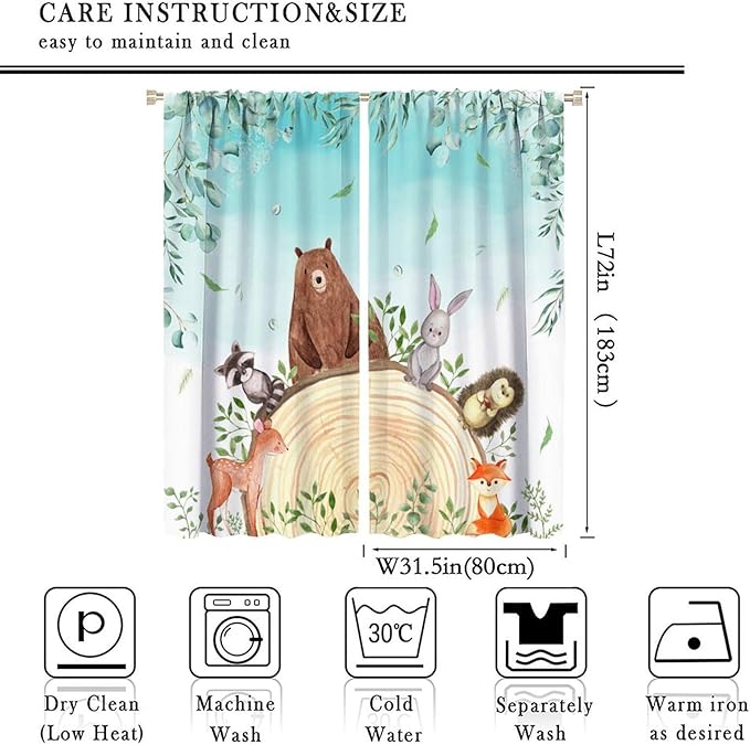 Kids Forest Animal Curtains, Woodland Animal Window Treatments Fox Deer Bunny Wildlife Safari Jungle Bear Farmhouse Window Drapes for Girls Boys Nursery Bedroom 63x72in