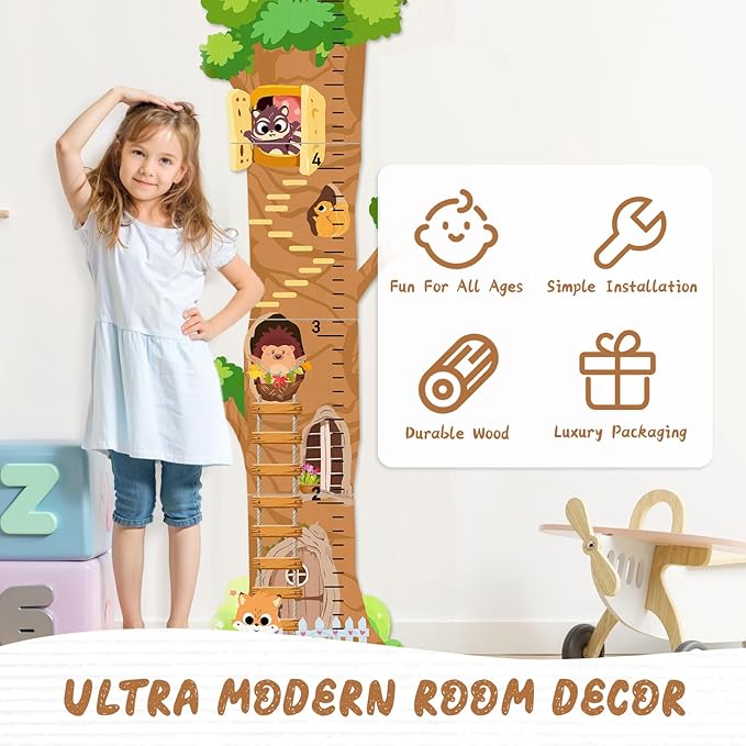 Personalized Wooden Growth Chart, Tree House Animals Height Chart for Kids Room, Wood Kids Measuring Chart, Nursery Growth Chart Ruler Measuring Board for Boys Girls