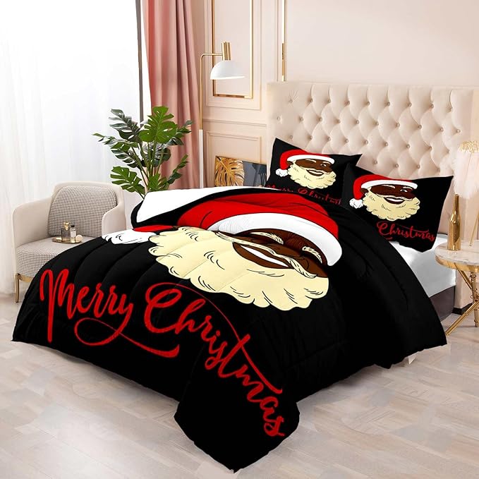 LUVIVIHOME 3PCS Christmas Comforter Set Queen Size, Funny African American Black Santa Claus Bedding, Winter Xmas Merry Christmas Bedroom Decor for Kids Boys Girls Teens, Xmas Gifts, 2 Pillow Shams