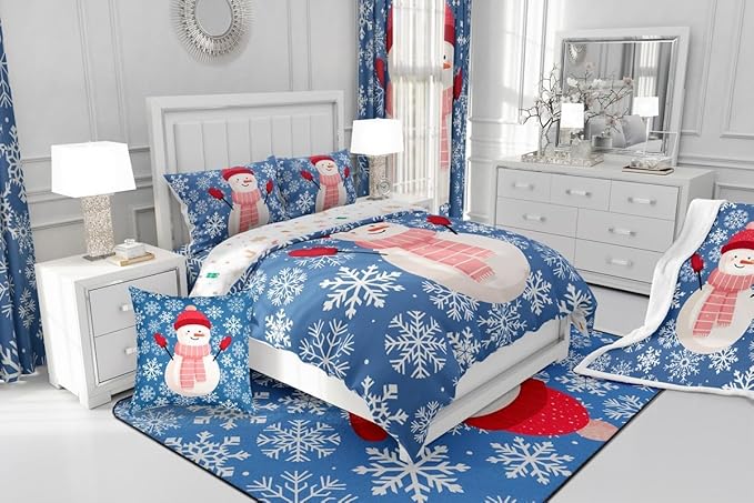 Feelyou Christmas Comforter Set Queen Size Snowman Blue Bedding Set for Kids Boys Girls Xmas Snowflakes Duvet Quilt Winter Snow Bedroom Decor Microfiber 3 Pcs with 2 Pillow Cases