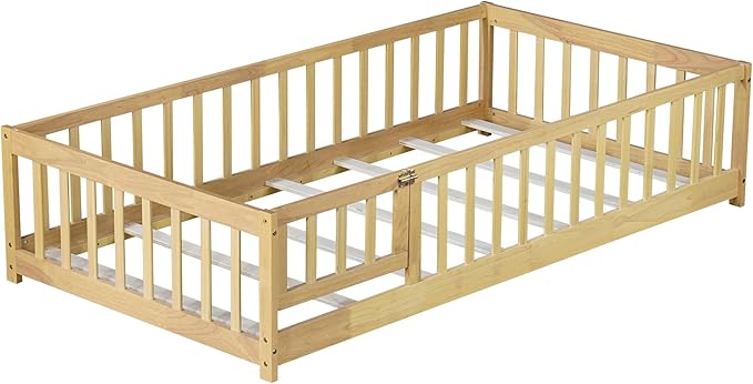 Bellemave Twin Size Floor Bed Frame with Fence and Door for Kids, Montessori Floor Bed with Slats and Safety Guardrails,Solid Wood Twin Bed Frame for Girls Boys,Natural