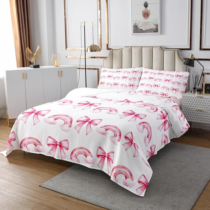Manfei Pink Bowknot Princess Bedspread King Size,Rainbow Cloud Bow Tie Toddler Coverlet Set,Girls Women Room Decor,Bow Princess Tale Style Quilted Coverlet,Cartoon Dreamy Bedding Quilt,2 Pillowcases