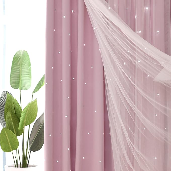 Kinryb Princess Curtains for Girls Bedroom with Sheer Overlay,Double Layer Curtain for Living Room with Star Cutout, Curtains for Kids Room (52 W*72 L Inches,2 Pcs Pink)
