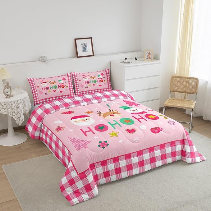 Merry Christmas Kids Comforter Set Full Size,Cartoon Santa Claus Snowman Deer Bedding Set,Boys Girls Adults Room Decor,Geometric Grids Fashion Down Comforter,Pink Xmas Duvet Insert,2 Pillowcases