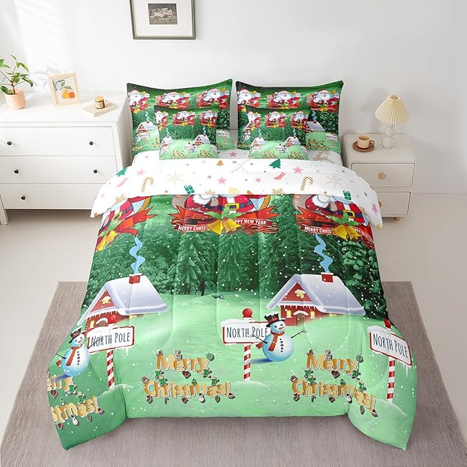 Feelyou Santa Claus Printed Bed Set Christmas Decorations Bed in a Bag for Kids Boys Girls Galaxy Blue Cute Decor Comforter Set with Sheets Snowman Snowflake Bedding Set Bedroom Collection King Size