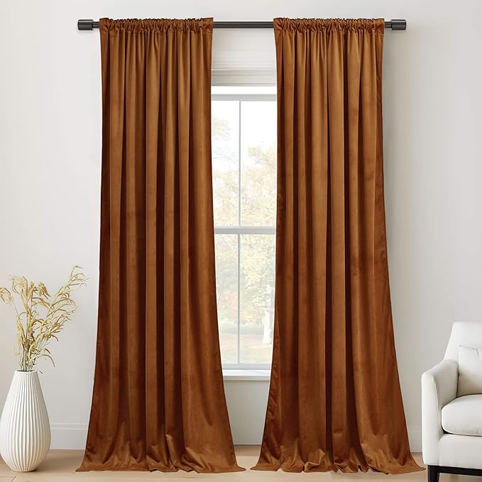 StangH Burnt Orange Curtains 92 inches Long Fall Super Soft Velvet Room Darkening Thermal Insulated Window Drapes Back Tab Luxury Decor for Bedroom Living Room, W52 x L92, 2 Panels