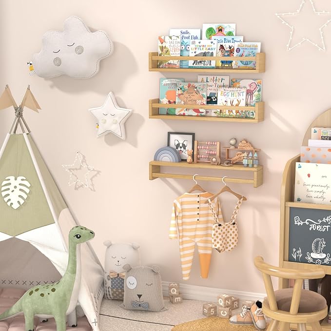 Floating Nursery Book Shelves for Wall, 23.6 Inch Nature Solid Wood Wall Mounted Bookshelf Set of 3, Hanging Bookshelves for Kids Room, Bedroom Nursery Decor and Book Storage (Wood-B)