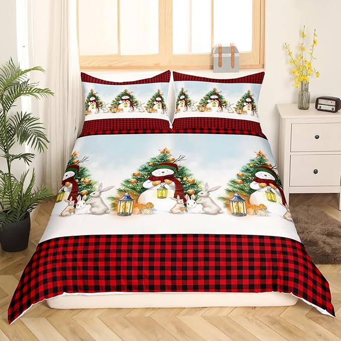 Manfei Red Plaid Duvet Cover Set Queen Size, Snowman and Xmas Tree Print Bedding Set 3pcs for Kids Boys Girls Bedroom Decor, Christmas Theme Comforter Cover with 2 Pillowcases,No Comforter