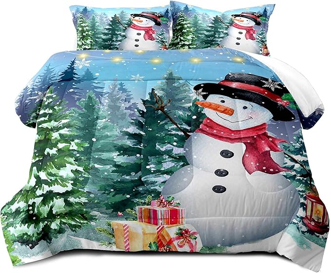 LUVIVIHOME 3PCS Merry Christmas Comforter Set Full Size, Cute Funny Snowman Bedding, Winter Snowflake Pine Tree Christmas Bedroom Decor for Kids Boys Girls Teens Toddler, Xmas Gifts, 2 Pillow Shams