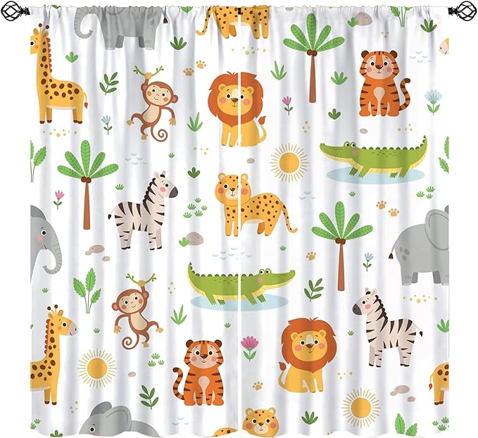 Cartoon Animal Curtains, Safari Woodland Jungle Forest Wildlife Blackout Window Treatments, Rod Pocket Thermal Insulated Drapes 2 Panel Sets for Kids Bedroom Nursery Classroom, 55" W X 63" L