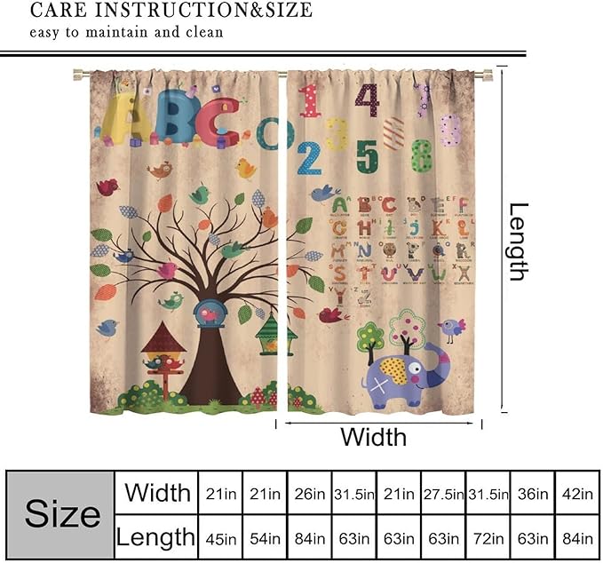 Animal Alphabet Numbers Tree Curtain Learning ABC Letters Birds Numbers Home Printed Rod Pocket Window Treatments for Bedroom Living Room Playroom Nursery 84" W X 84" L