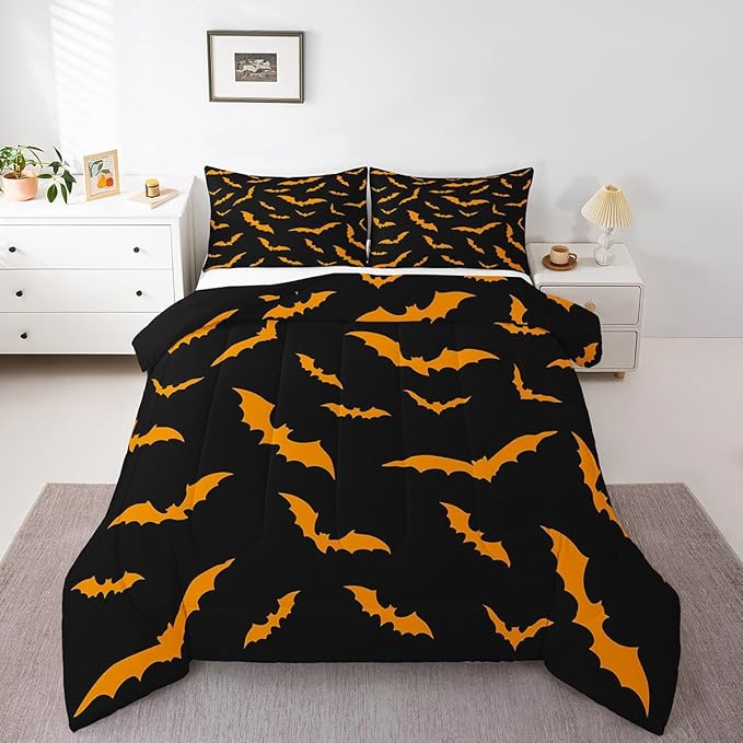 Erosebridal Bat Quilt Happy Halloween Decor Comforter Set King Size for Kids Boys Youth Gothic Spooky Bedding Set Orange Bats Silhouette Duvet Insert with 2 Pillow Cases