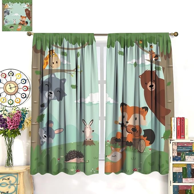 Forest Animals Curtains Colorful Forest Cartoon Cute Fox Bear Giraffe for Kids Boys Girls Nursery Bedroom Living Room Blackout Rod Pocket Decoration Window Drapes 2 Panels W27.5xL63in