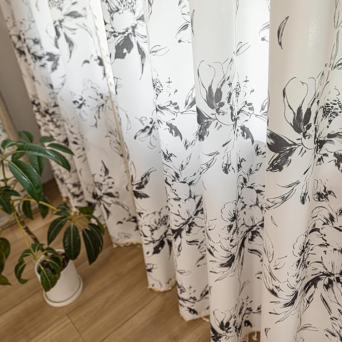 ENJOYBRIDAL Floral Curtains 63 Inches Long Semi Sheer Living Room Drapes Boho Bedroom Rod Pocket Short Window Curtain Panels Cute Patterned Light Filtering Farmhouse 2 Panels Window Treatments
