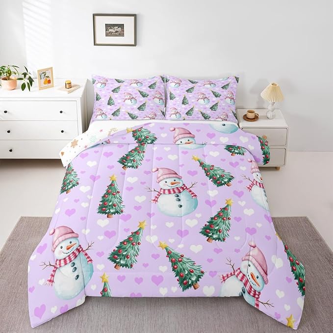 Feelyou Merry Christmas Bedding Set Soft for Boys Girls, Cute Snowman Comforter Set Queen Size Christmas Tree Duvet Quilt Microfiber Love Hearts 3 Pcs with 2 Pillow Cases