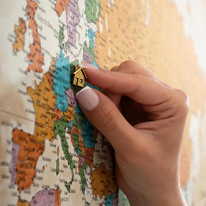 Canvas World Map with Cork Pin Board - English Lettering - Decorative Wall Decoration for All Rooms - Canvas Pictures with World Map Motif (90x60 cm, Pattern 3)