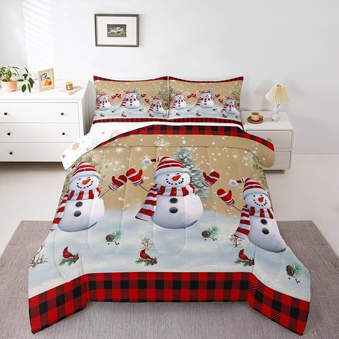 Cartoon Snowman Kids Christmas Comforter Set Full Size,Pines Snowflake Rustic Bedding,Girls Boys Adults Bedroom/Xmas Cabin Decor,Grids Geometric Down Comforter,Farmhouse Duvet Insert,2 Pillowcases