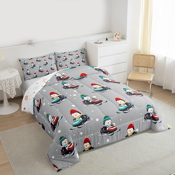 Feelyou Christmas Comforter Set All Season Gray Penguin Bedding Set with 2 Pillow Cases Cartoon Penguin Skiing Microfiber Kids King Bedclothes Snowflake Bedroom Decor Duvet Quilt Breathable Soft