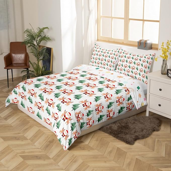 Christmas Duvet Cover Cartoon Santa Claus Bedding Set for Kids Boys Girls Teens Room Decor Cute Deer Christmas Tree Comforter Cover Set Xmas Theme Bedspread Cover 2Pcs Zipper Toddler Size