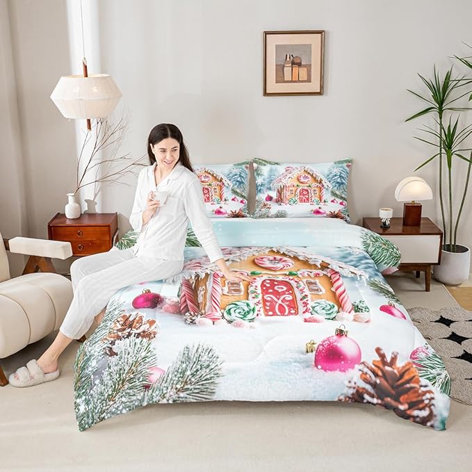 Feelyou Christmas Snowscape House Landscape Bedding Set Soft for Boys Girls,Gingerbread House Comforter Set Full Size Candy Canes Duvet Quilt Pine Branches Bedroom Decor 3 Pcs with 2 Pillow Cases