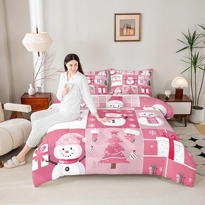 Xmas Bedding Set Full Size,Snowman Christmas Tree Snowflake Comforter Set for Kids Boys Girls Room Decor,Pink Plaid Patchwork Duvet Insert 3Pcs,Merry Christmas Cartoon Quilt Set,2 Pillowcases