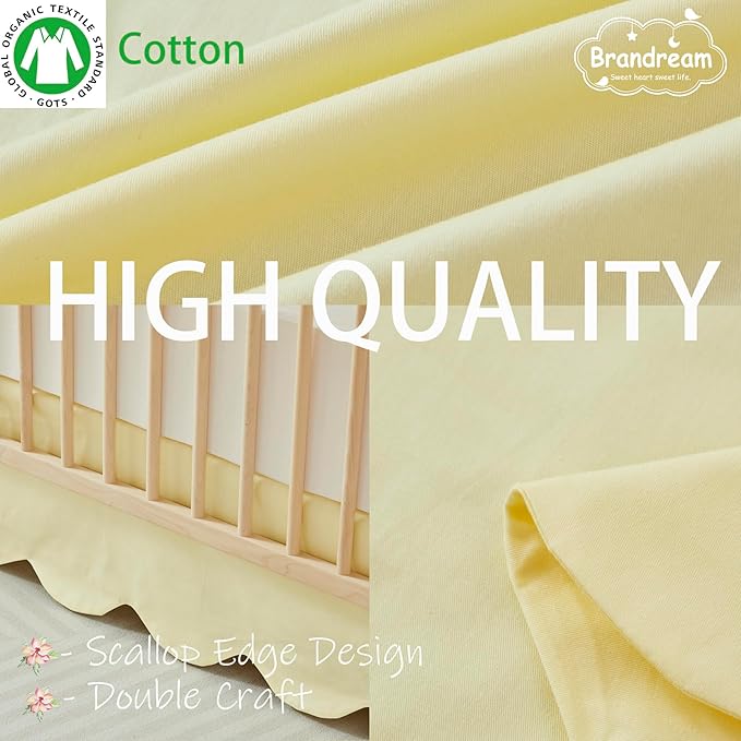 Brandream Scallop Edge Cotton Crib Skirt Toddler Bedskirt Baby Nursery Crib Bed Skirt Boho Bohemian Neutral Solid Color Light Yellow Farmhouse Chic Bedding Skirt