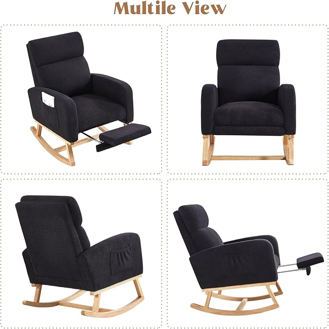 Rocking Chair Nursery, Nursing Rocking Chairs with Foot Rest for Mom Nursery, Rocker Glider Chair with High Backrest for Living Room, Bedroom, Black