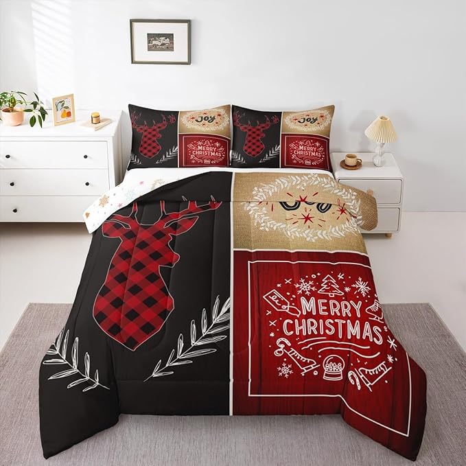 Deer Antler Kids Christmas Comforter Set King Size,Elk Plam Leaves Bedding,Girls Boys Adults Bedroom/Xmas Cabin Decor,Plank Lattice Vintage Down Comforter,Rustic Farmhouse Duvet Insert,2 Pillowcases