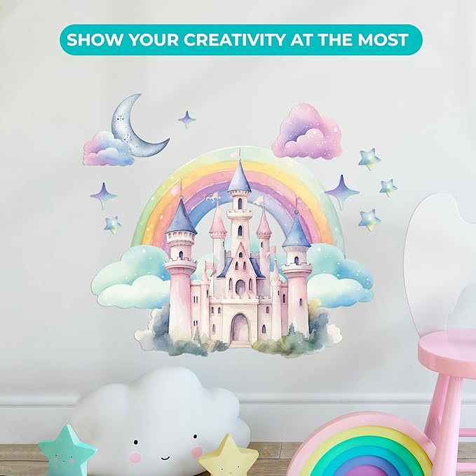 CRYPTONITE Rainbow Wall Decal for Girls Bedroom | Watercolor Castle Vinyl Sticker for Nursery Wall Decor | Cute Stickers for Kids Room, Windows, or Furniture | 3 Sizes (Wide 40" x 35" Height (Large))