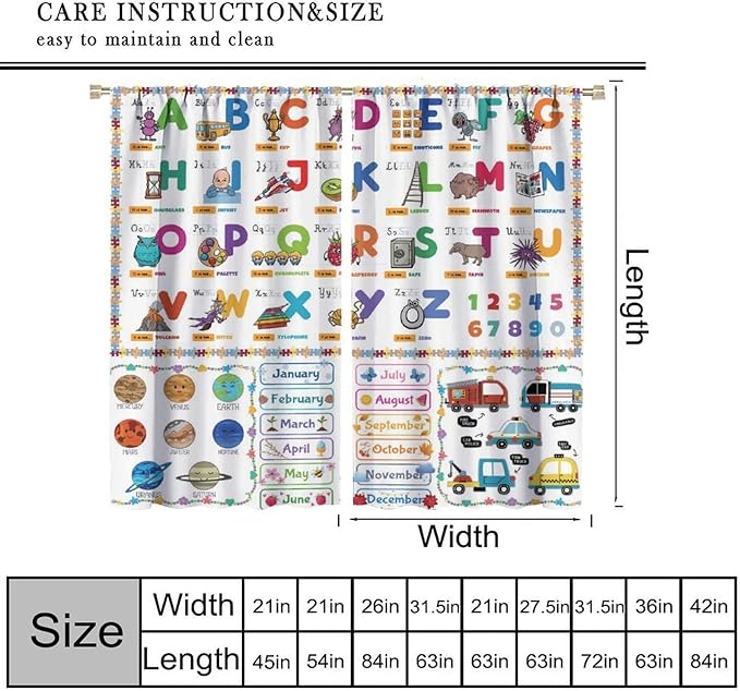 Alphabet Curtain for Kids Room ABC Letter Educational Learning Animal Number Printed Rod Pocket Blackout Window Drapes for Bedroom Playroom Classroom 42" W X 54" L
