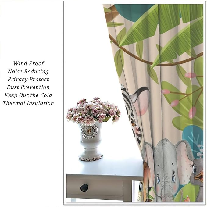 Animals Curtains Colorful Forest Cartoon Cute Zebra Tiger Elephant for Kids Boys Girls Nursery Bedroom Living Room Blackout Rod Pocket Decoration Window Drapes 2 Panels W31.5xL72in