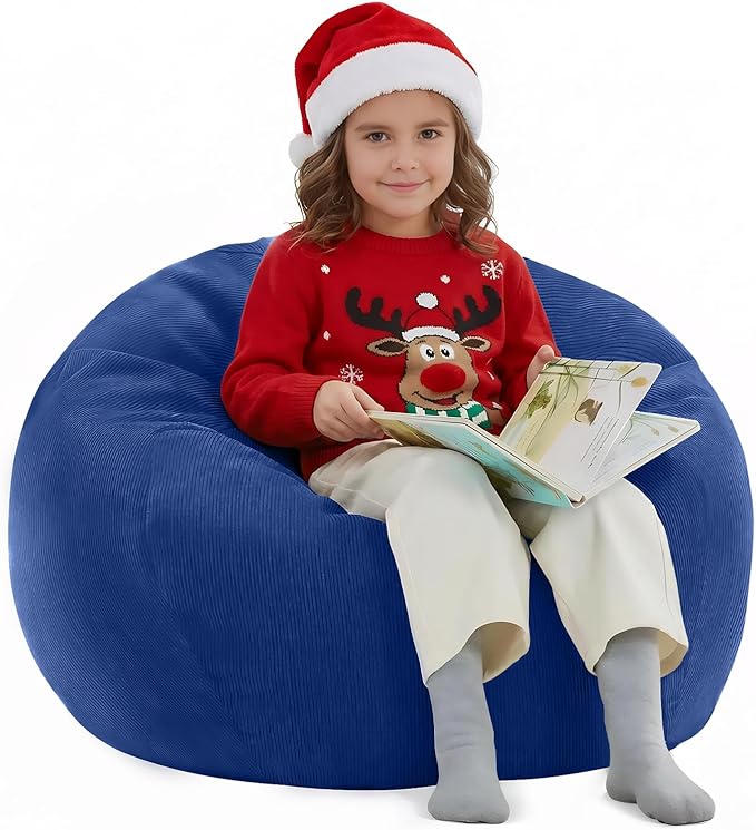 Nobildonna 3 ft Bean Bag Chair Cover (No Filler) 35"×43" Large Stuffed Animal Storage Bean Bag Washable Big Beanbag Chair Cover Premium Corduroy Stuffable Bean Bag Cover for Adults,Kids,Blue 300L