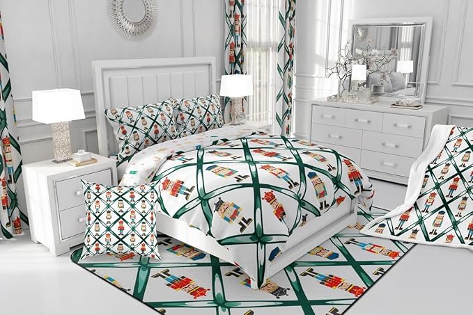 Feelyou Cute Nutcracker Bedding Set Soft for Boys Girls,Green Lattice Pattern Comforter Set King Size Colorful Duvet Quilt Microfiber Funny Soldier Bedroom Decor Kawaii 3 Pcs with 2 Pillow Cases