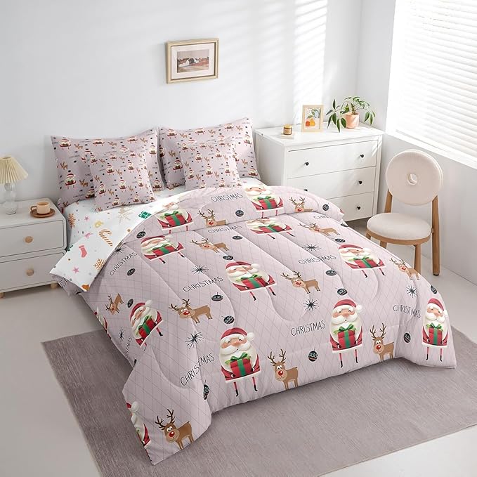 Santa Claus Bed Set Christmas Deer Bed in a Bag for Kids Boys Girls Winter Snowflake Comforter Set with Sheets Merry Christmas Khaki Bedding Set Bedroom Collection Queen Size