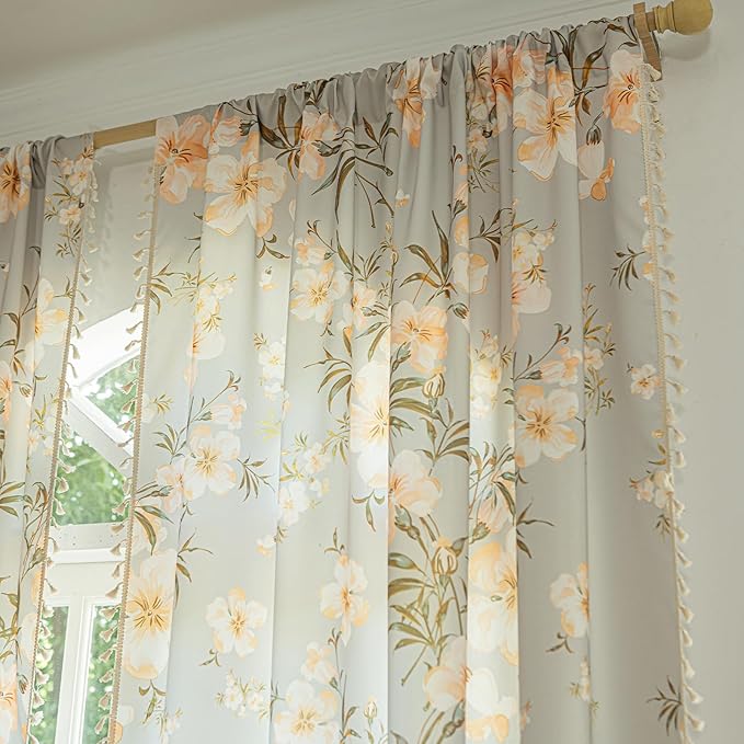 ENJOYBRIDAL Floral Curtains 96 Inches Long Living Room Bedroom Drapes Boho Dining Room Semi Sheer Farmhouse Window Curtains 2 Panels Cottage Core Cute Rod Pocket Window Treatments