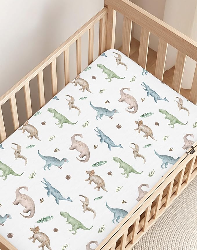 Crib Sheets for Boys and Girls, 2 Pack Fitted Baby Sheets for Standard Toddler Mattress 28" x 52", Soft Breathable Jersey Knit Baby Bedding (Dino Pals)