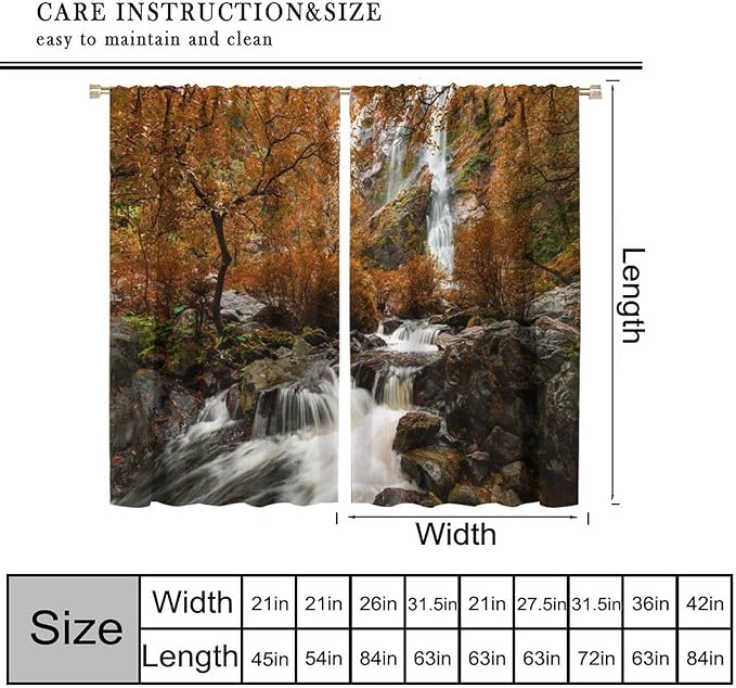Forest Waterfall Blackout Curtains, Autumn Jungle Mountains Fall Nature Landscape Window Drapes, for Bedroom Living Room 63" W X 63" L