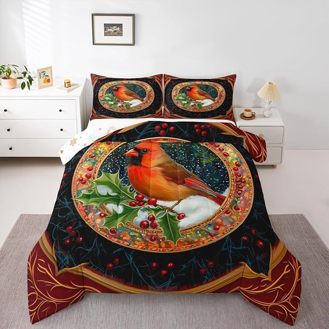 Feelyou Merry Christmas Comforter Set Full Size Robin Bird Bedding Set for Kids Boys Girls Snowflake Duvet Quilt Winter Bedroom Decor Microfiber 3 Pcs with 2 Pillow Cases