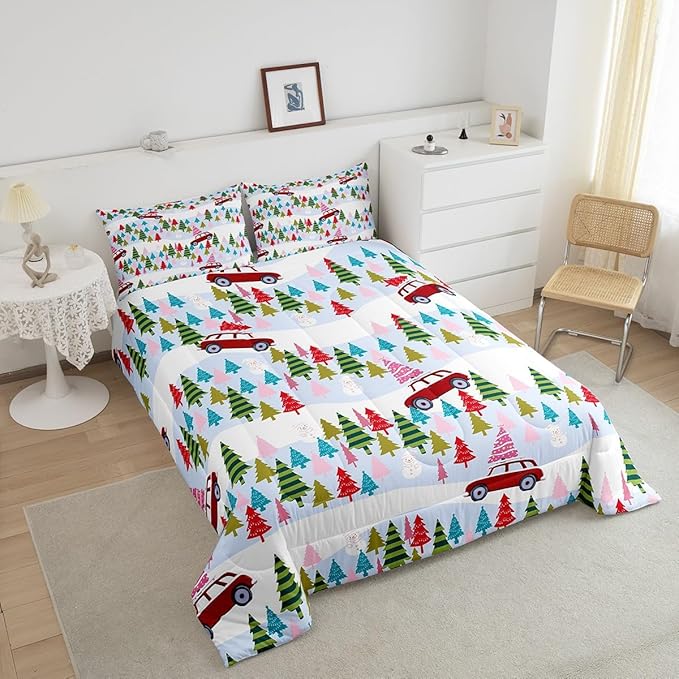 Feelyou Christmas Trees Bedding Set for Kids Boys Girls King Size Christmas Truck Comforter Set Ultra Soft Winter Snowman Comforter Xmas Duvet Quilt Bedroom Decor Christmas Ornaments Quilt