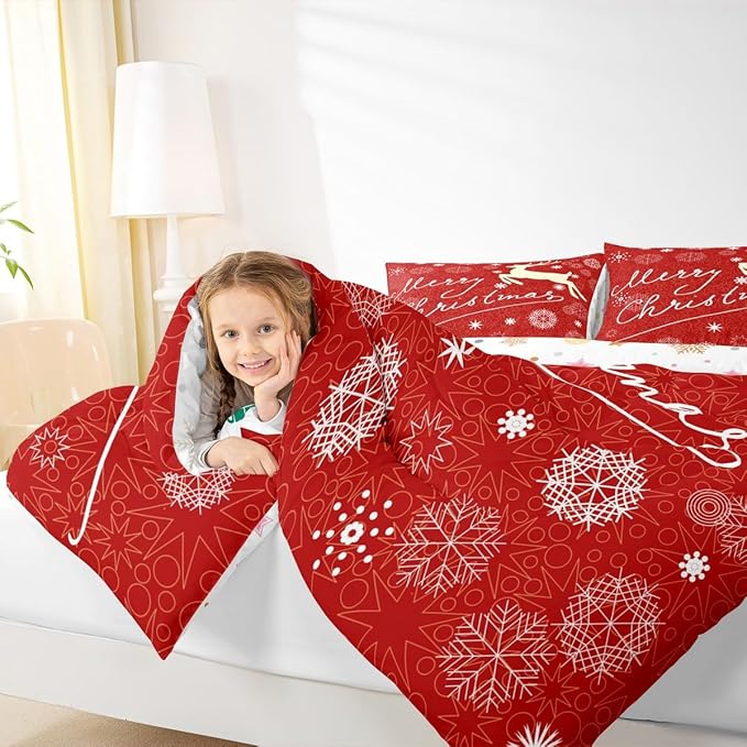 Merry Christmas Kids Comforter Set King Size,Deer Animal Silhouette Bedding,Girls Boys Adults Bedroom/Xmas Cabin Decor,Snowflake Dot Graffiti Down Comforter,Red Romantic Duvet Insert,2 Pillowcases