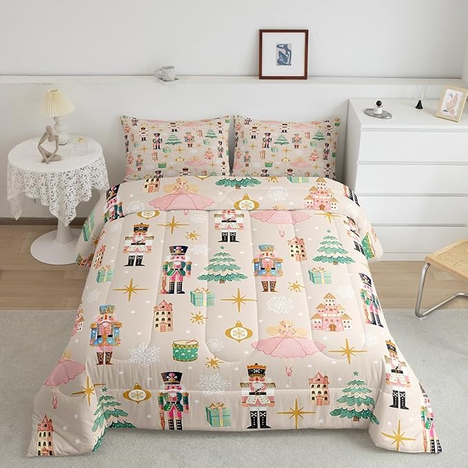 Erosebridal 7Pcs Beige Christmas Comforter Set Full Size,Princess Nutcracker Bedding Set,Xmas Tree Snow Bed in A Bag for Kids Boys Girls,Starry Sky Christmas Decoration Quilt with Flat Fitted Sheet