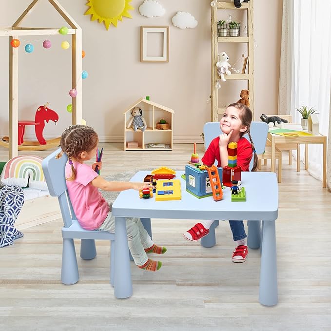 HONEY JOY Kids Table and Chair Set, Plastic Children Activity Table and 2 Chairs for Art Craft, Easy-Clean Tabletop, 3-Piece Toddler Furniture Set for Daycare Playroom, Gift for Boys Girls(Blue)