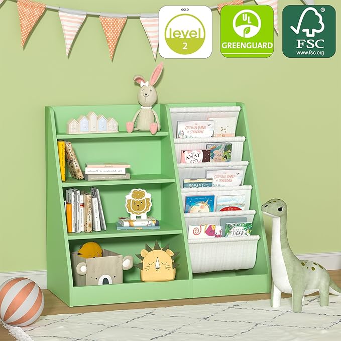 NACHES Montessori Kid Bookshelf Toddler Bookcase Cabinet Children Book Rack Display Toy Storage Organizer 4 Tier 5 Sling Deep Sleeves Classroom Bedroom Nursery Playroom Wood (Green)