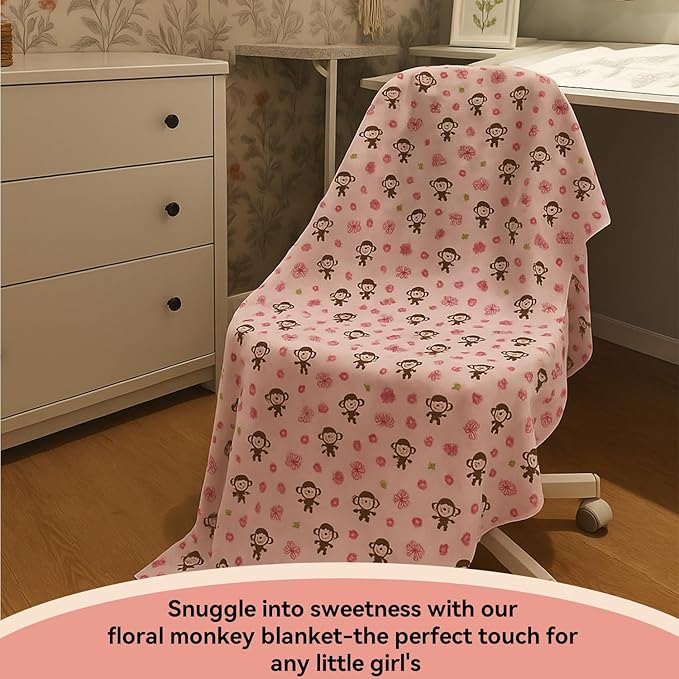 Kids Throw Blanket – Soft Cotton Toddler Blanket with Floral Monkey & Butterfly Pattern, Lightweight Breathable Bed Throw with Stitched Edges, 40 x 60 in (101.6 x 152.4 cm)