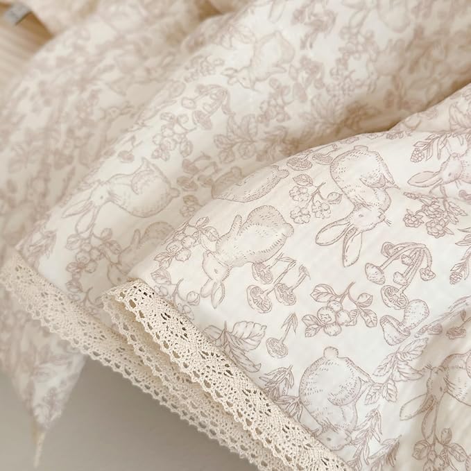BuLuTu Muslin Cotton Full/Queen Bed Quilts for Kids Teens Vintage Boho Comforter with Lace Edges Soft Thin Comforter Rabbit Floral Quilted Blankets, 79"x90", No Pillowcases