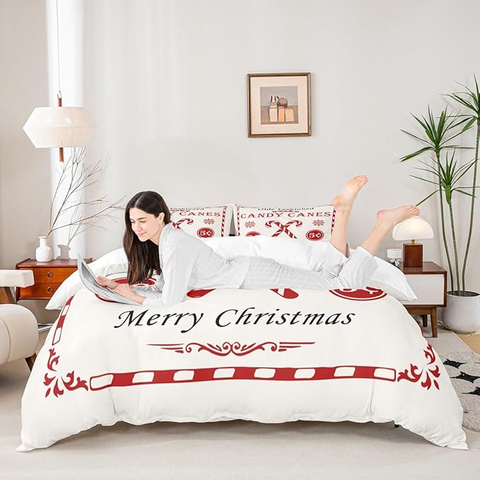 jejeloiu Christmas Bedding Set for Kids Boys Girls Christmas Quote Comforter Cover Set King Size Candy Canes Print Duvet Cover Bedroom Decor Xmas White Bedspread Cover Bedding Collection 3Pcs